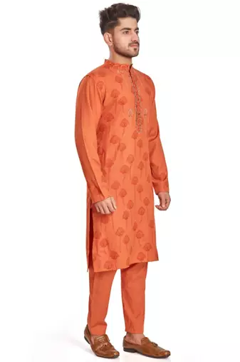 Orange hand block printed kurta with embroidery viscos klurta payjama ethnic wear / festive wear