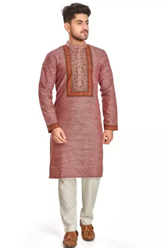 Pink with texture fabric and embroidered kurta payjama etnic wear / festive wear