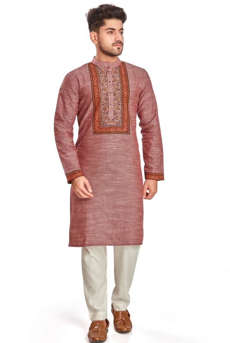 Pink with texture fabric and embroidered kurta payjama etnic wear / festive wear