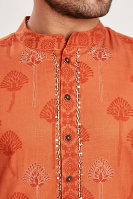 Orange hand block printed kurta with embroidery viscos klurta payjama ethnic wear / festive wear 5