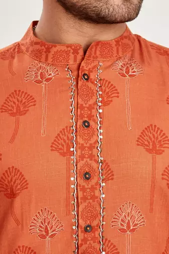 Orange hand block printed kurta with embroidery viscos klurta payjama ethnic wear / festive wear