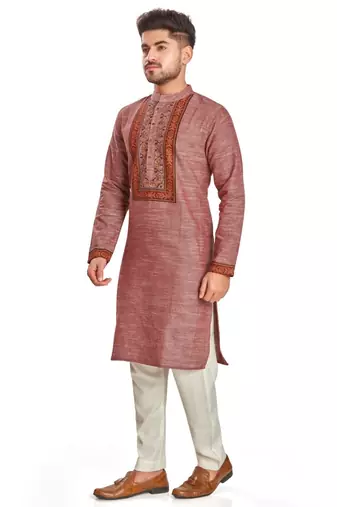 Pink with texture fabric and embroidered kurta payjama etnic wear / festive wear