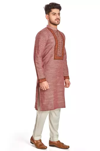 Pink with texture fabric and embroidered kurta payjama etnic wear / festive wear