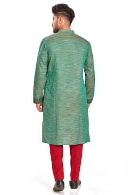 Green hand block printed kurta with embroidery viscos kurta payjama etnic wear / festive wear 2