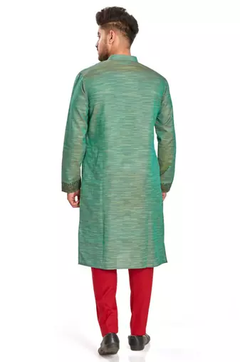 Green hand block printed kurta with embroidery viscos kurta payjama etnic wear / festive wear