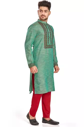 Green hand block printed kurta with embroidery viscos kurta payjama etnic wear / festive wear
