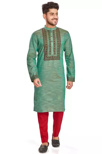 Green hand block printed kurta with embroidery viscos kurta payjama etnic wear / festive wear