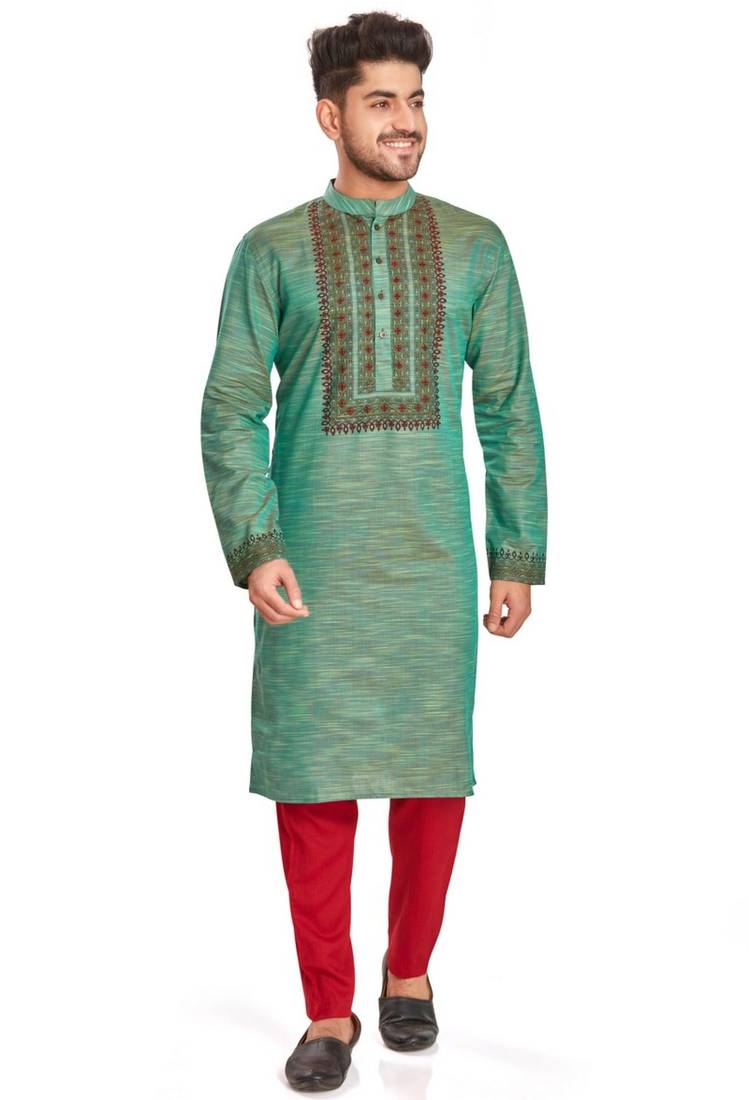 Green hand block printed kurta with embroidery viscos kurta payjama etnic wear / festive wear