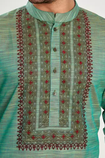 Green hand block printed kurta with embroidery viscos kurta payjama etnic wear / festive wear