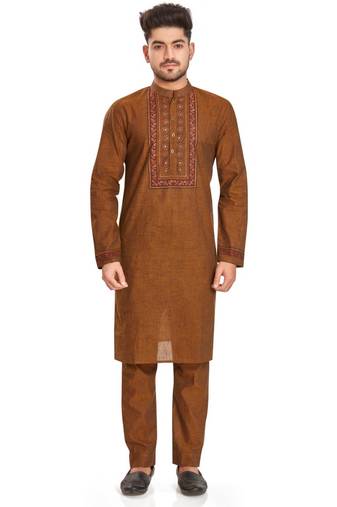 Brown  hand block printed kurta with embroidery viscos kurta payjama etnic wear / festive wear