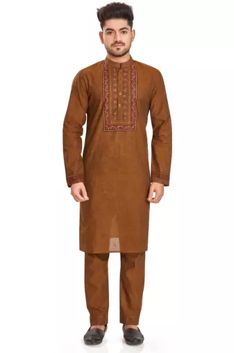 Brown  hand block printed kurta with embroidery viscos kurta payjama etnic wear / festive wear
