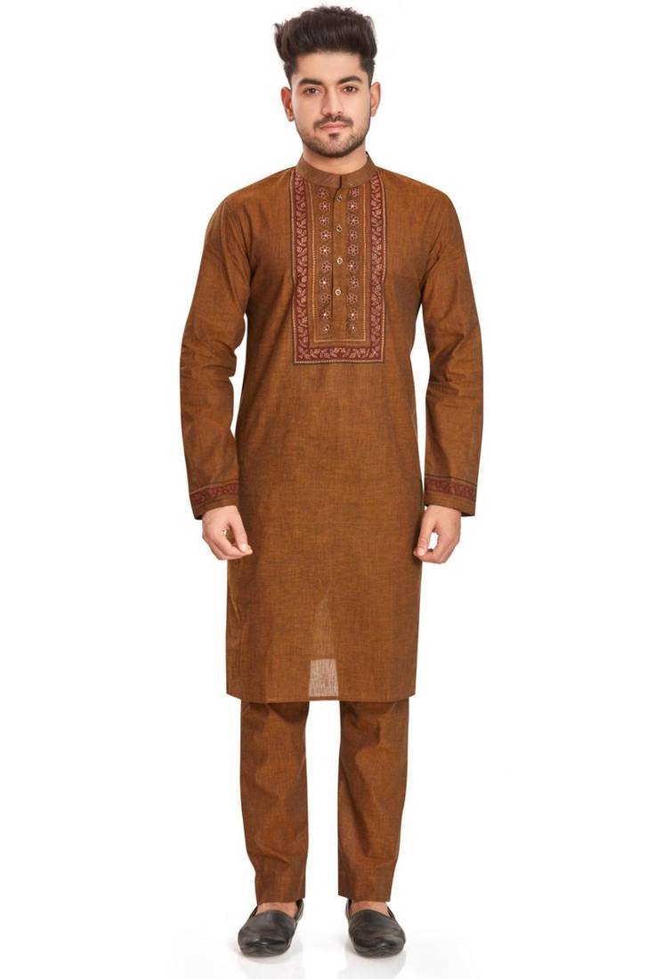 Brown  hand block printed kurta with embroidery viscos kurta payjama etnic wear / festive wear