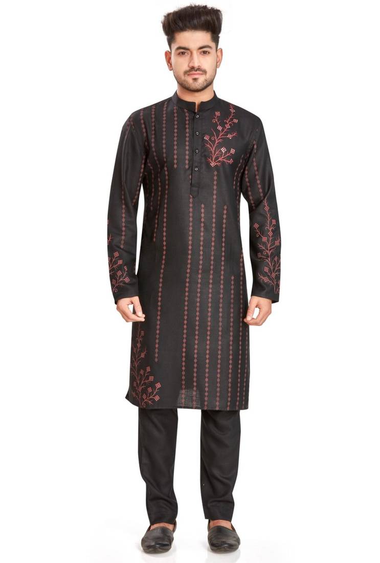 Black hand block printed kurta with embroidery viscos kurta payjama etnic wear / festive wear