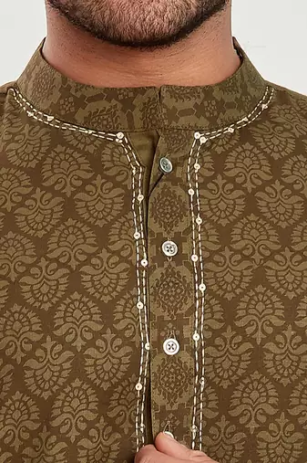 Olive green hand block printed kurta with embroidery viscos kurta payjama etnic wear / festive wear