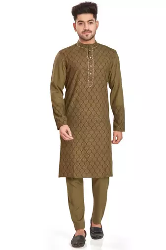 Olive green hand block printed kurta with embroidery viscos kurta payjama etnic wear / festive wear