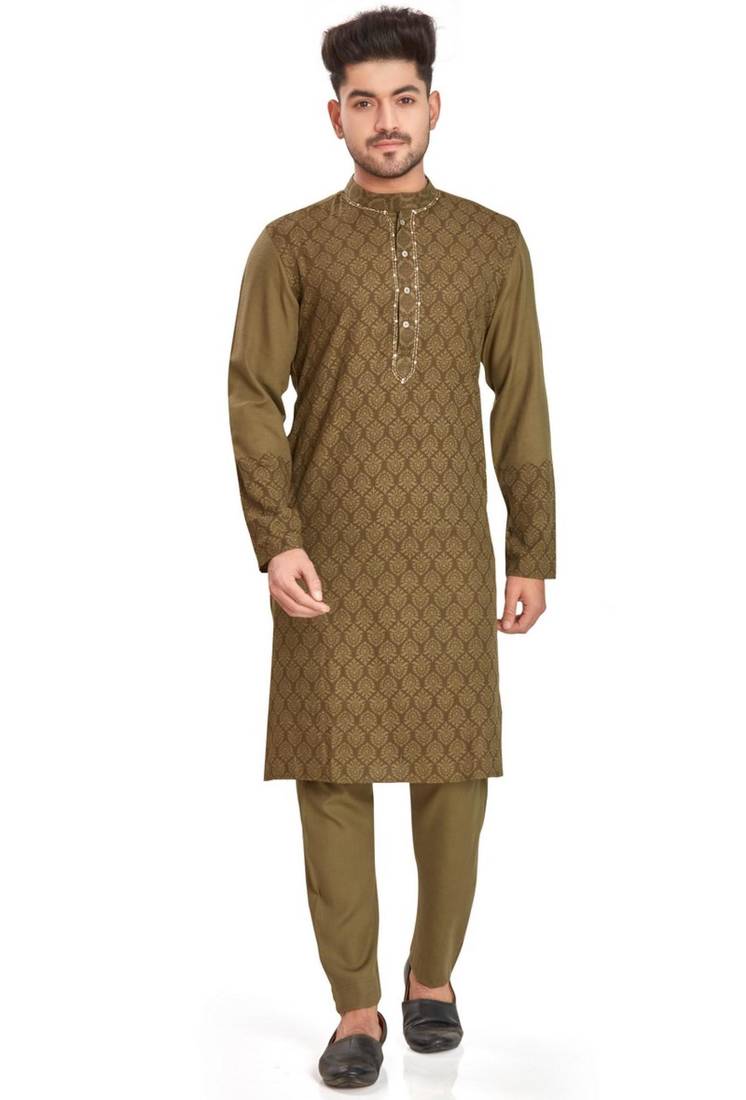 Olive green hand block printed kurta with embroidery viscos kurta payjama etnic wear / festive wear