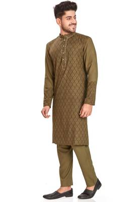 Olive green hand block printed kurta with embroidery viscos kurta payjama etnic wear / festive wear 3