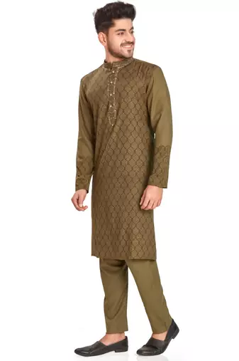 Olive green hand block printed kurta with embroidery viscos kurta payjama etnic wear / festive wear
