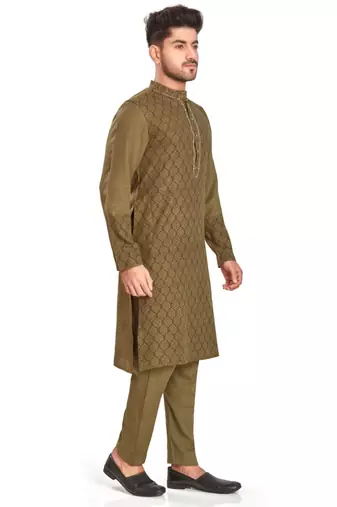 Olive green hand block printed kurta with embroidery viscos kurta payjama etnic wear / festive wear
