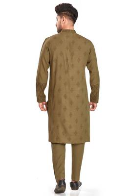 Olive green hand block printed kurta with embroidery viscos kurta payjama etnic wear / festive wear 5