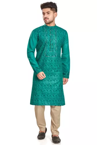 Emberald green hand block kurta with embroidery viscos traditional kurta payjama etnic wear / festive wear