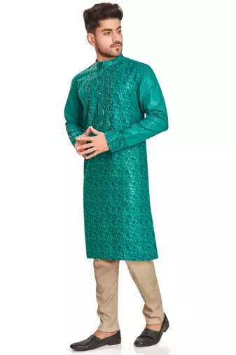 Emberald green hand block kurta with embroidery viscos traditional kurta payjama etnic wear / festive wear