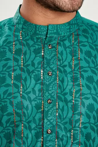 Emberald green hand block kurta with embroidery viscos traditional kurta payjama etnic wear / festive wear