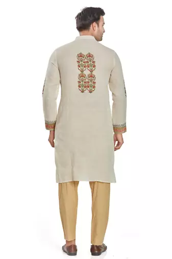 Cream color hand block printed kutrta with embroidery viscos kurta payjama etnic wear / festive wear