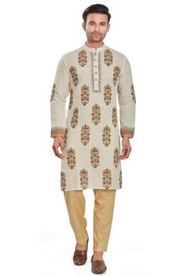 Cream color hand block printed kutrta with embroidery viscos kurta payjama etnic wear / festive wear 1