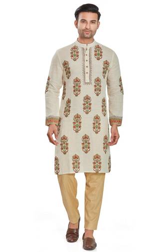 Cream color hand block printed kutrta with embroidery viscos kurta payjama etnic wear / festive wear