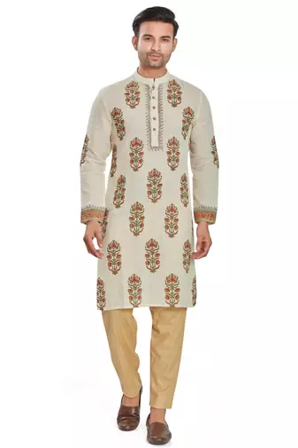 Cream color hand block printed kutrta with embroidery viscos kurta payjama etnic wear / festive wear