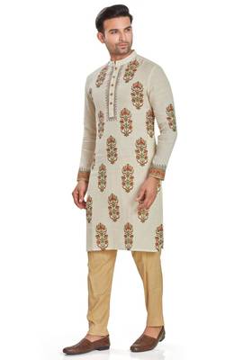 Cream color hand block printed kutrta with embroidery viscos kurta payjama etnic wear / festive wear 3