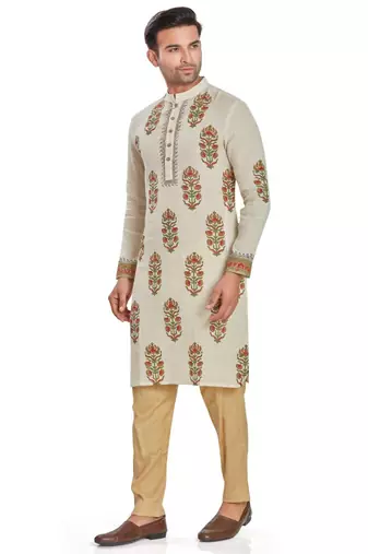 Cream color hand block printed kutrta with embroidery viscos kurta payjama etnic wear / festive wear