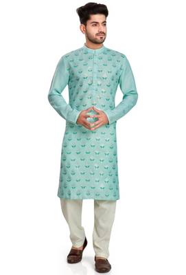 Blue hand block silver foil printed viscos kurta payjama ethnic wear / festive wear 1