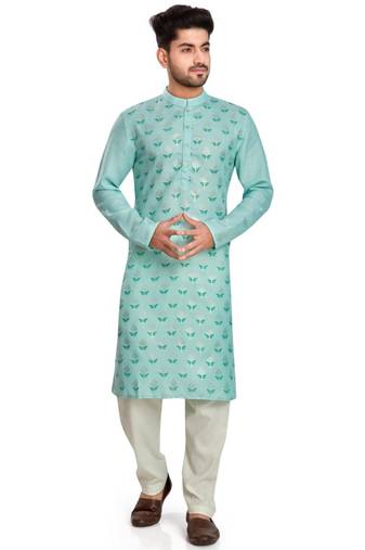 Blue hand block silver foil printed viscos kurta payjama ethnic wear / festive wear