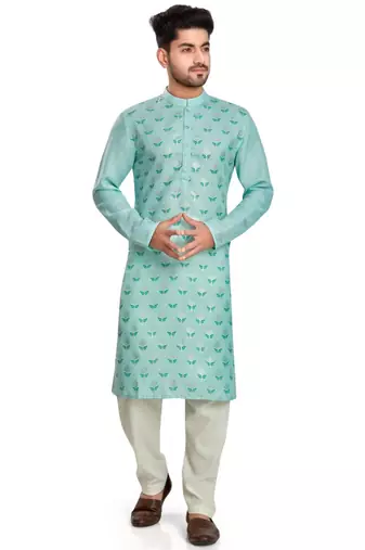 Blue hand block silver foil printed viscos kurta payjama ethnic wear / festive wear