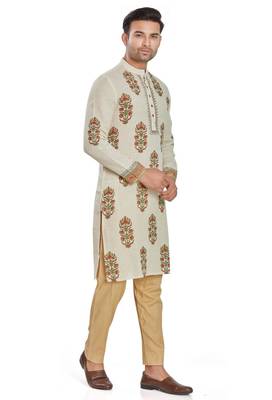 Cream color hand block printed kutrta with embroidery viscos kurta payjama etnic wear / festive wear 4