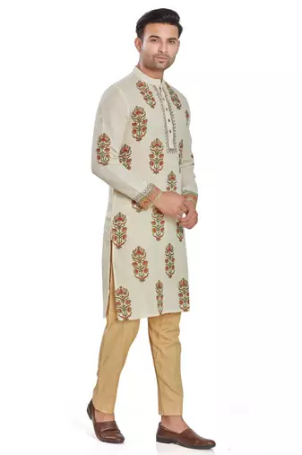 Cream color hand block printed kutrta with embroidery viscos kurta payjama etnic wear / festive wear