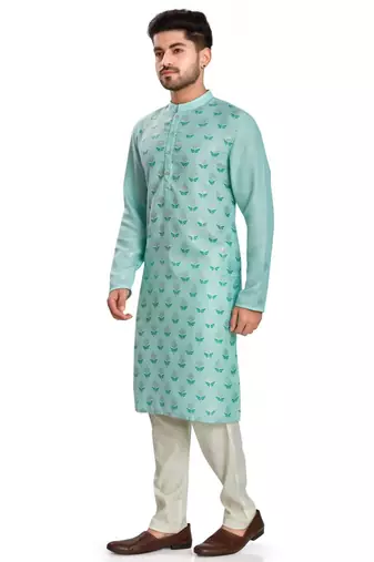 Blue hand block silver foil printed viscos kurta payjama ethnic wear / festive wear