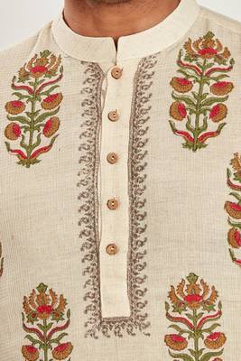 Cream color hand block printed kutrta with embroidery viscos kurta payjama etnic wear / festive wear 5