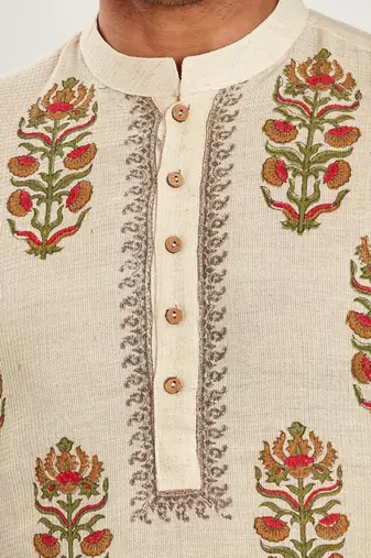 Cream color hand block printed kutrta with embroidery viscos kurta payjama etnic wear / festive wear