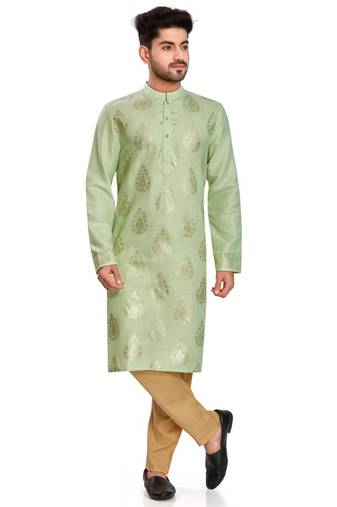 Green hand block silver foil printed viscos kurta payjama etnic wear / festive wear