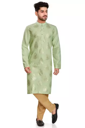 Green hand block silver foil printed viscos kurta payjama etnic wear / festive wear