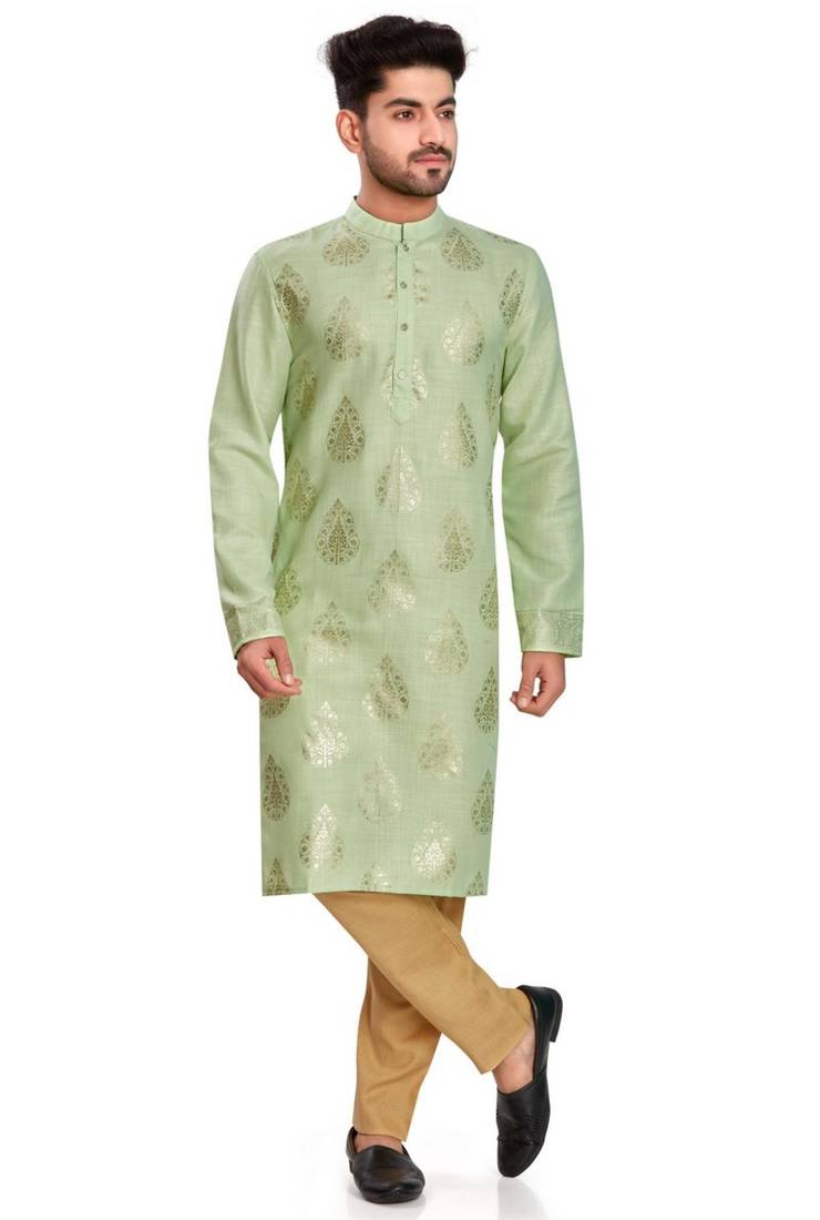 Green hand block silver foil printed viscos kurta payjama etnic wear / festive wear