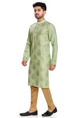 Green hand block silver foil printed viscos kurta payjama etnic wear / festive wear 3