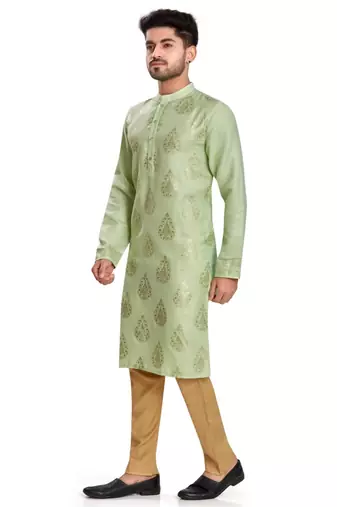 Green hand block silver foil printed viscos kurta payjama etnic wear / festive wear