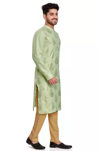 Green hand block silver foil printed viscos kurta payjama etnic wear / festive wear