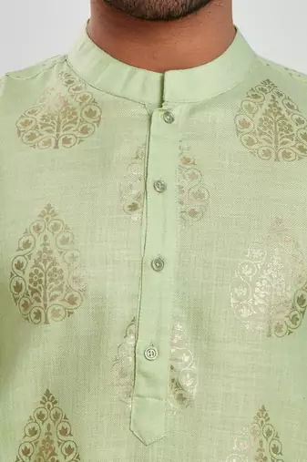 Green hand block silver foil printed viscos kurta payjama etnic wear / festive wear