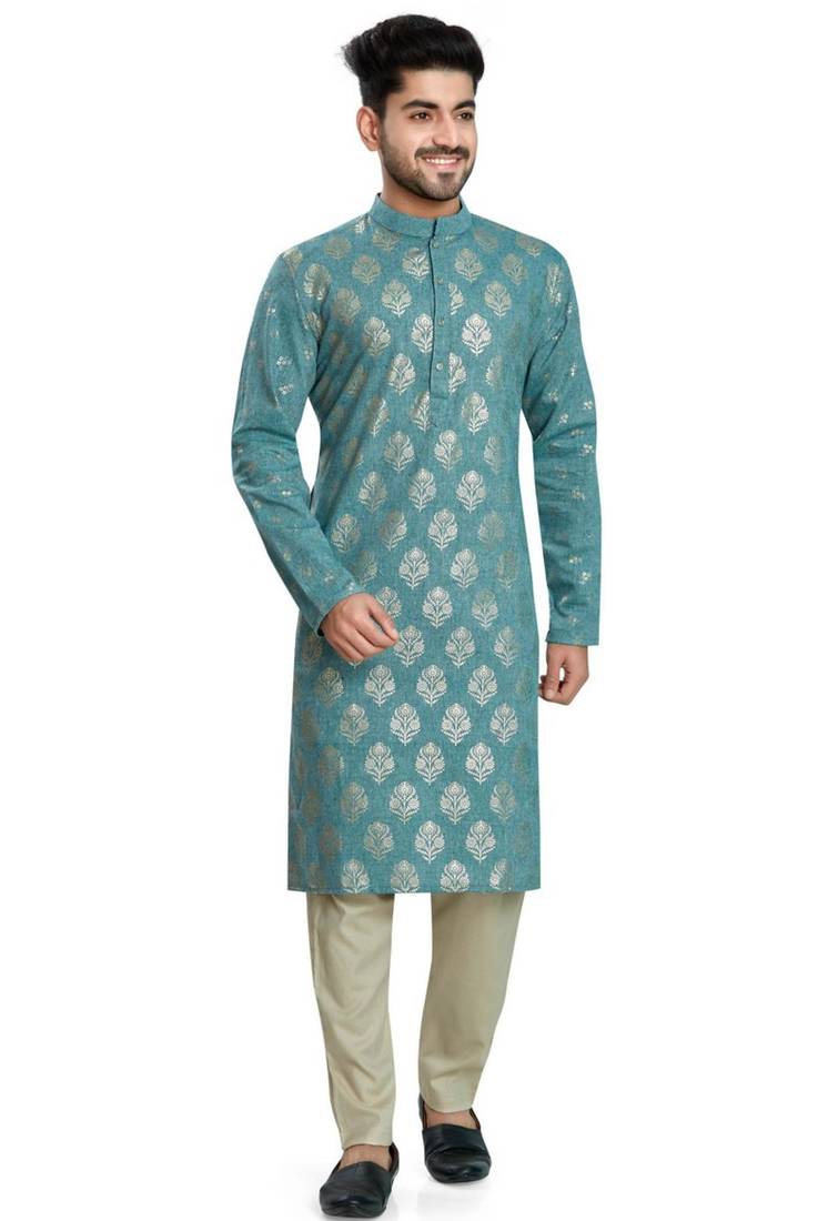 Teal green hand block foil printed kurta viscos kurta payjama etnic wear / festive wear