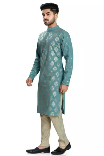 Teal green hand block foil printed kurta viscos kurta payjama etnic wear / festive wear